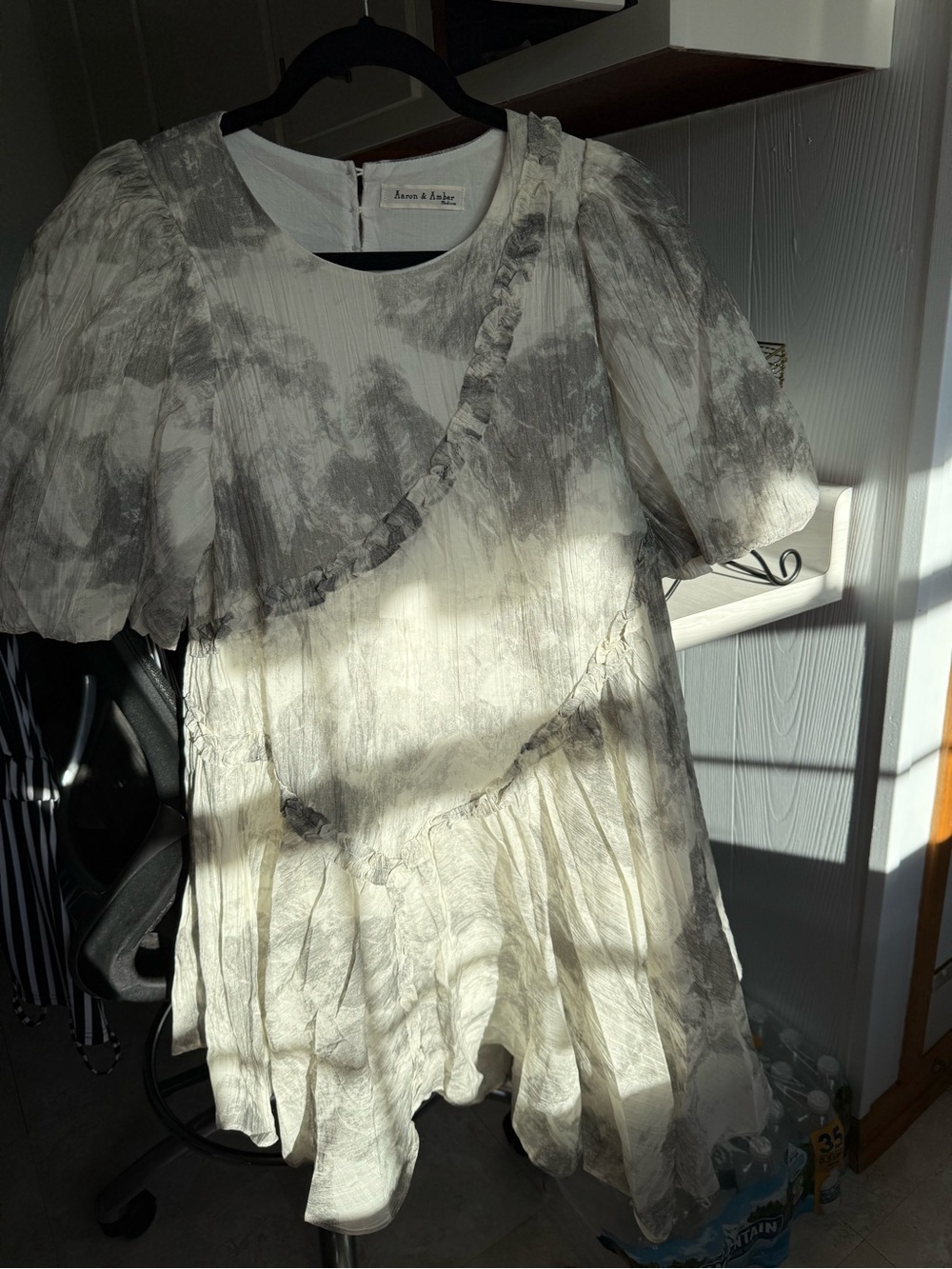 Anna & Ava White and Gray Puff Sleeve Mini Dress